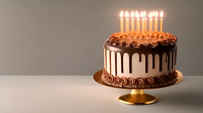 Chocolate birthday cake on black background with golden candles Birthday cake for anniversary Slow Motion