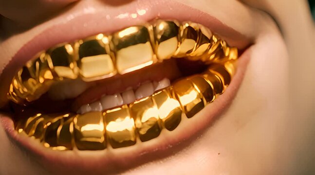 Dazzling smile with golden grillz jewelry on glossy lips close-up
