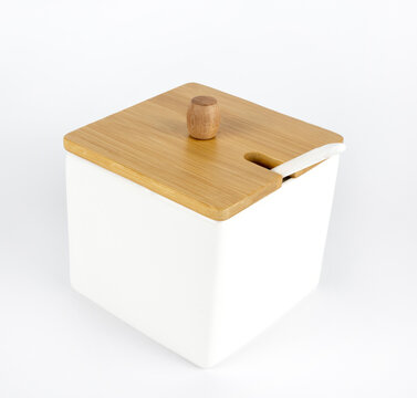 Close-up of a ceramic box for storing salt or sugar.