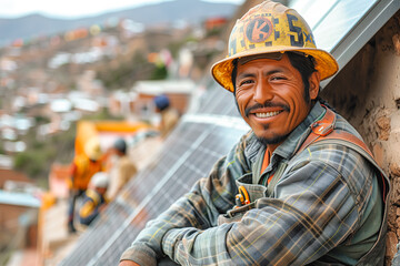Obraz premium Man in Hard Hat Standing on Roof