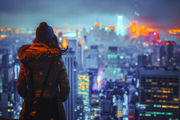 Woman Standing on Top of Tall Building