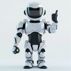 Welcoming Robot with Spherical Headgear Raising Hand in Greeting on White Background