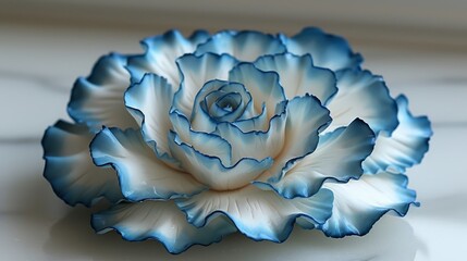   A tight shot of a blue-and-white bloom against a pristine white backdrop, mirrored in the surface beneath