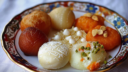 Variety of classic pakistani confections on an ornate plate, showcasing cultural desserts