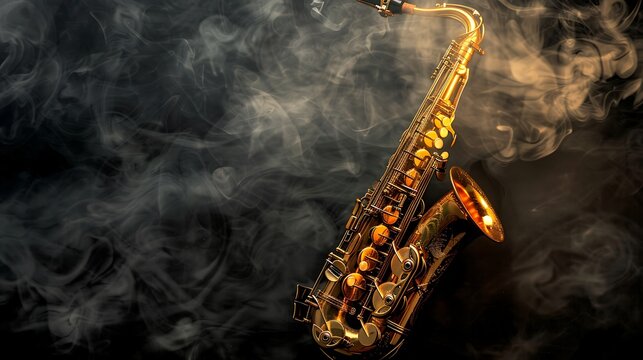 Golden shiny alto saxophone on black background with smoke. copy space