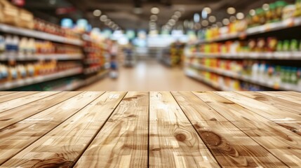 Wooden Table in Supermarket Aisle