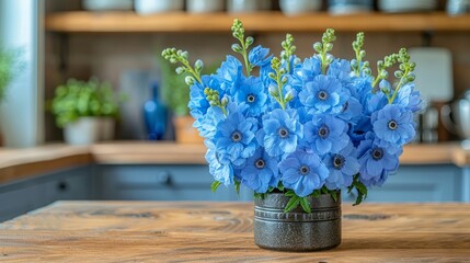   A vase, brimming with blue blossoms, rests atop a weathered wooden table Nearby, a shelf holds an assortment of pots and pans - obrazy, fototapety, plakaty