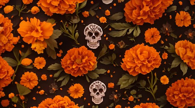 Marigold flowers Garlands on black Dia de los muertos day day of the dead or halloween background