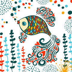 Bright color goldfish poster. Hand drawing. Not AI. Vector illustration.