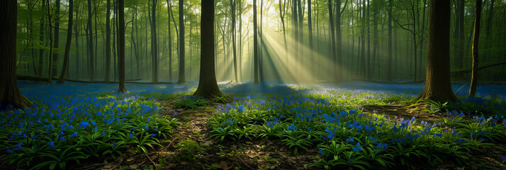 Morning Glory in the Forest. Sunbeams Dancing Through the Woodland
