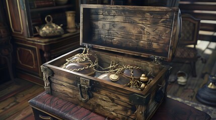 A rustic wooden chest, filled with treasures from distant lands.