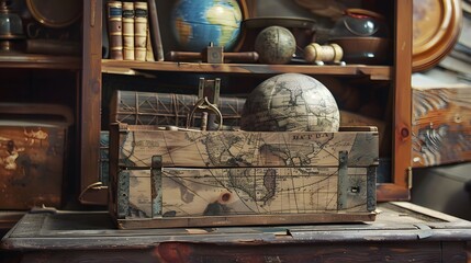 A rustic wooden chest, filled with treasures from distant lands. - obrazy, fototapety, plakaty