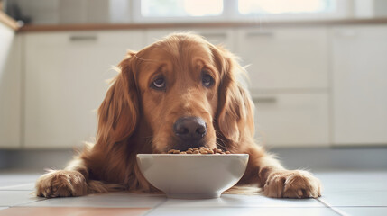 Depicting Weighty Challenge: Golden Retriever Refusing to Eat His Fill in Bright Kitchen - obrazy, fototapety, plakaty