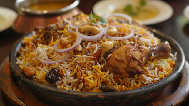 Aromatic basmati rice with spices, chicken, and garnish served in a pot