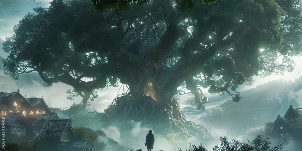 Aufkleber a man stands in front of a large tree in a forest