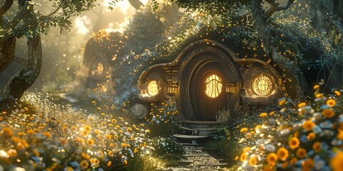 A fantasy scene with a cottage in the middle of a field of flowers - obrazy, fototapety, plakaty
