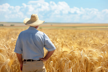 Farmer observing wheat field. Agriculture and business concept. Generative AI