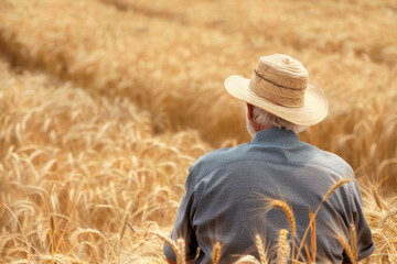 Farmer observing wheat field. Agriculture and business concept. Generative AI
