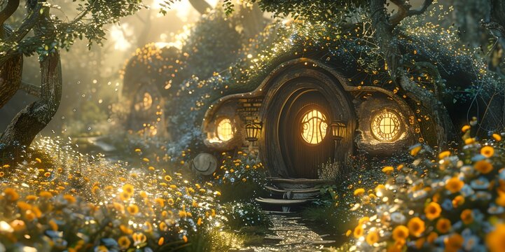 A fantasy scene with a cottage in the middle of a field of flowers