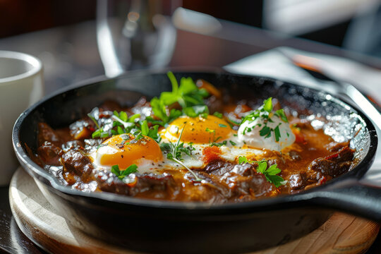 Shakshuka and grilled beef steak. Eggs poached in tomato pepper sauce. Generative AI