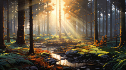A beautiful forest in spring with a bright sun shining through the trees.