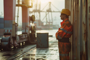 Worker in safety gear at shipping port or container terminal. Generative AI