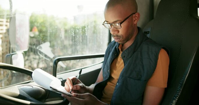 Black man, write and delivery with truck, checklist and schedule or updates on courier service or quality control. Male person, notebook and logistics with records or documents for stock inspection.