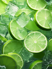 Fresh juicy wet lime and ice tubes, vibrant lemon slices floating amidst crystal clear ice cubes. Citrus fruits with drops of water. Flat lay, top view	
