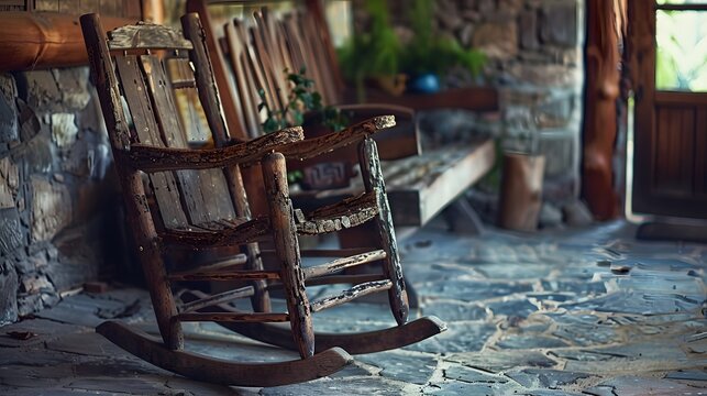 A rustic wooden rocking chair