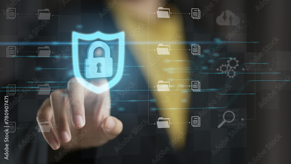 Poster cyber security, businessman use virtual screen and login verified identity credentials on network of