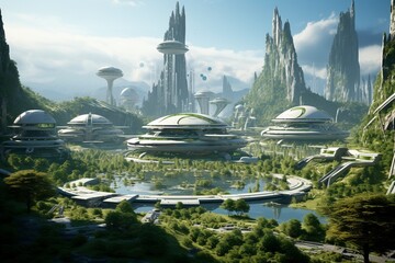 Futuristic city of the future living in harmony with nature