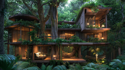 The Magic of a Treehouse Amidst Lush Rainforest Canopy - obrazy, fototapety, plakaty