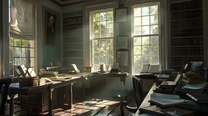 The drafting of the Declaration of Independence in 1776, with Thomas Jefferson and the Committee of Five discussing over a draft, in a room filled with books, quill pens, and parchment - obrazy, fototapety, plakaty