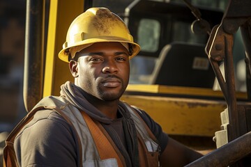 Portrait of an African American road worker in a hard hat and overalls sitting near heavy equipment