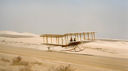 The first flight of the Wright Brothers in 1903, showing a wooden biplane taking off from a sandy ground with Orville Wright piloting and Wilbur Wright running alongside