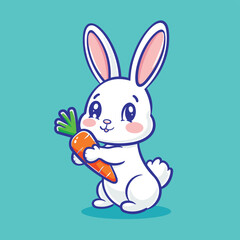 Obraz premium White bunny rabbit holding a carrot cartoon illustration vector design