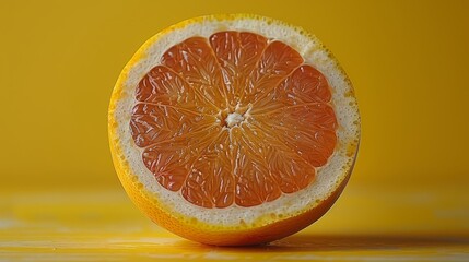   A grapefruit split in two, placed on a yellow backdrop with a yellow wall behind it, and a solitary grapefruit in the front