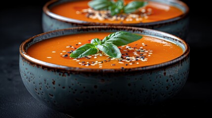   A tight shot of two bowls, brimming with steaming soup Garnishes artfully adorn each dish A leafy green enhancement graces one bowl