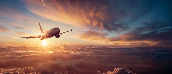 Commercial airplane gliding over spectacular cloudscape against a breathtaking sunset sky