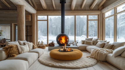 Scandinavian Winter House. Modern Winter Interior - obrazy, fototapety, plakaty