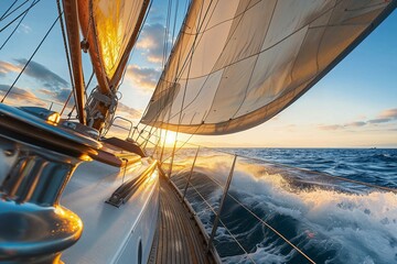 A yacht sails on the open sea, basked in the glow of the setting sun with sails full and waves cresting