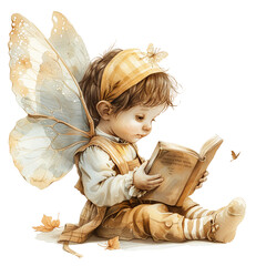 Fototapeta premium A little fairy with butterfly wings is passionately reading a book.
