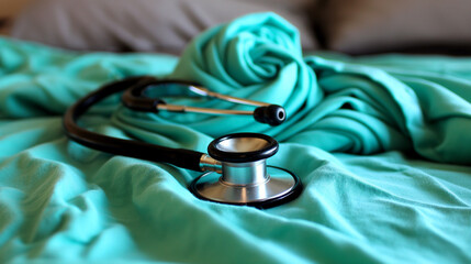 Zbliżenie na stetoskop leżący obok zielonego, szpitalnego materiału - obrazy, fototapety, plakaty