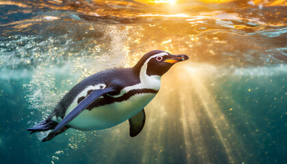 Lone penguin gracefully swims underwater as sunset rays illuminate the tranquil evening scene