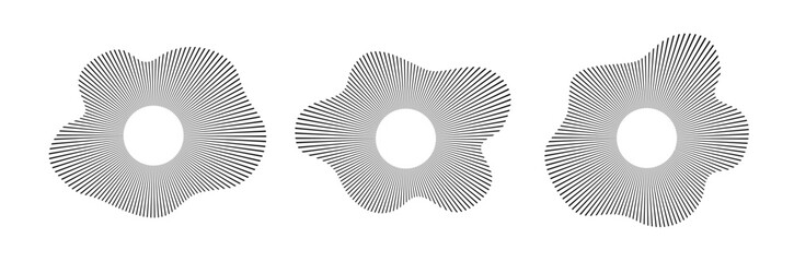 Circular sound waves audio music round symbols of voice equalizers radial spectrum designs ring patterns. Vector