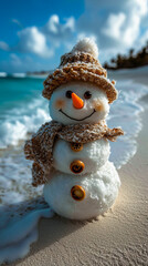 Obraz premium Snowman on a Beach. Sunny Illusion. Frosty Friend on the Shore