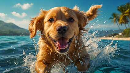 cute dog bathes in the sea, splashes, summer play