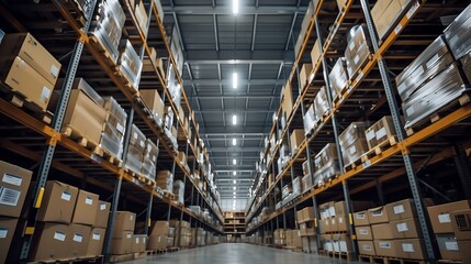 Fototapeta premium Warehouse or storage facility with rows of metal shelves filled with cardboard boxes, industrial background