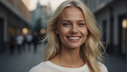 Closeup photo portrait of a beautiful young swedish nordic caucasian european white model woman smiling with white teeth	 - obrazy, fototapety, plakaty