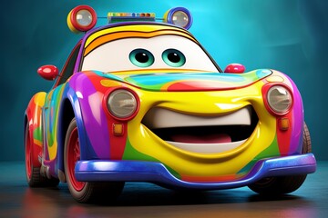 Smiling cartoon multi-colored car, ultra detailed, 3D